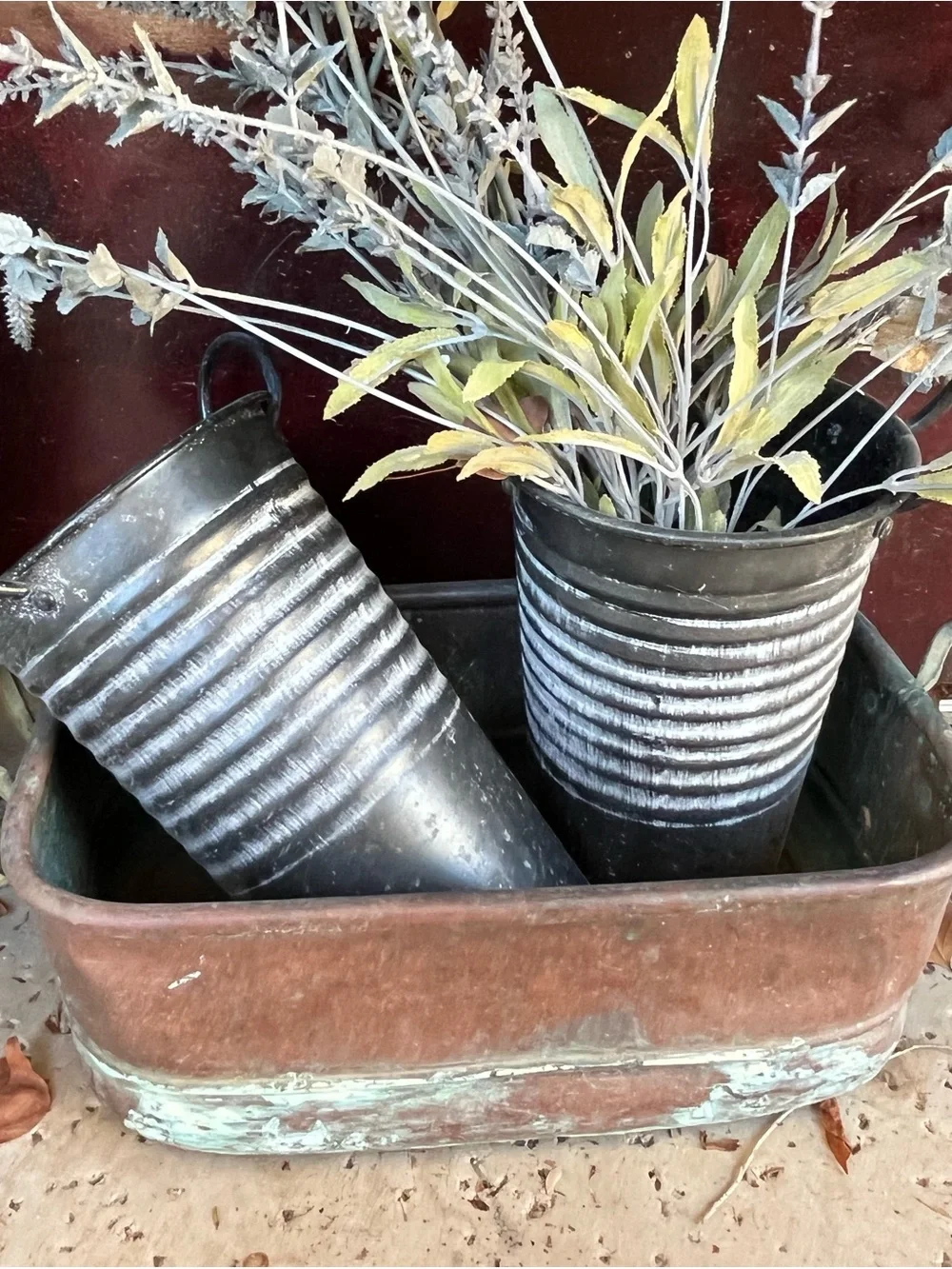 Set of 2 Black Ribbed Metal Planter Buckets